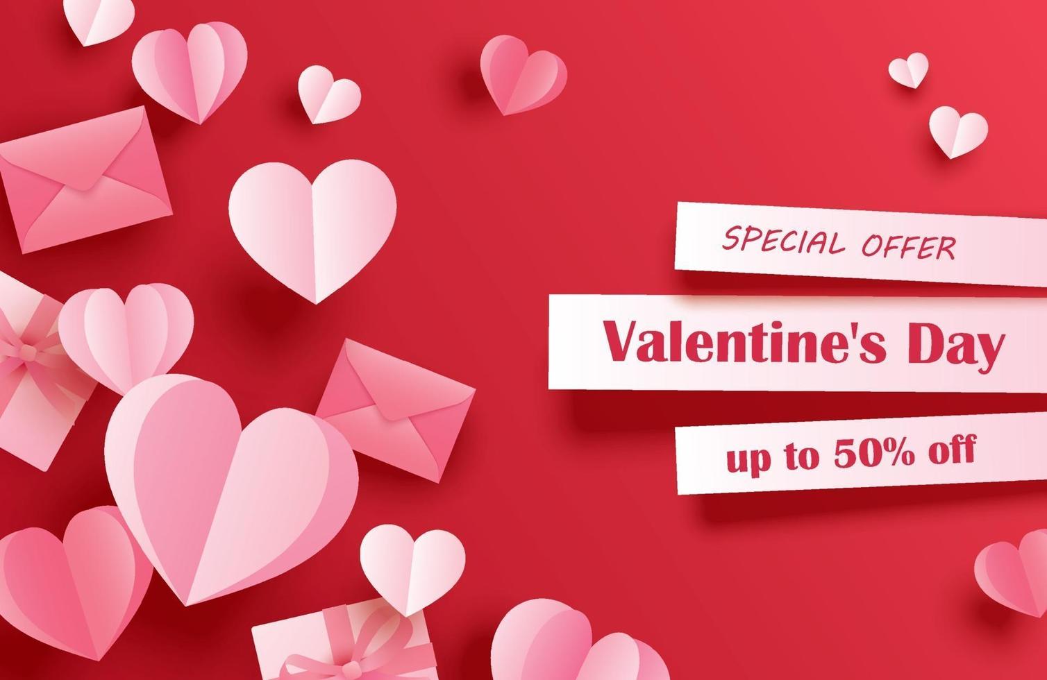 Valentines day sale banner template with paper hearts on red pastel background. Use for flyers, posters, brochures, voucher discount. vector