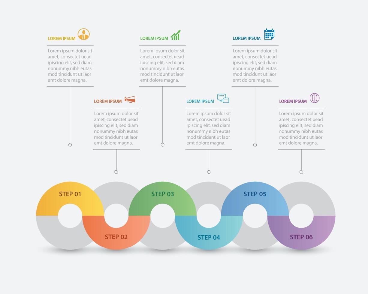 Infografía de 6 círculos con plantilla de línea de tiempo abstracta. paso de presentación fondo moderno de negocios. vector