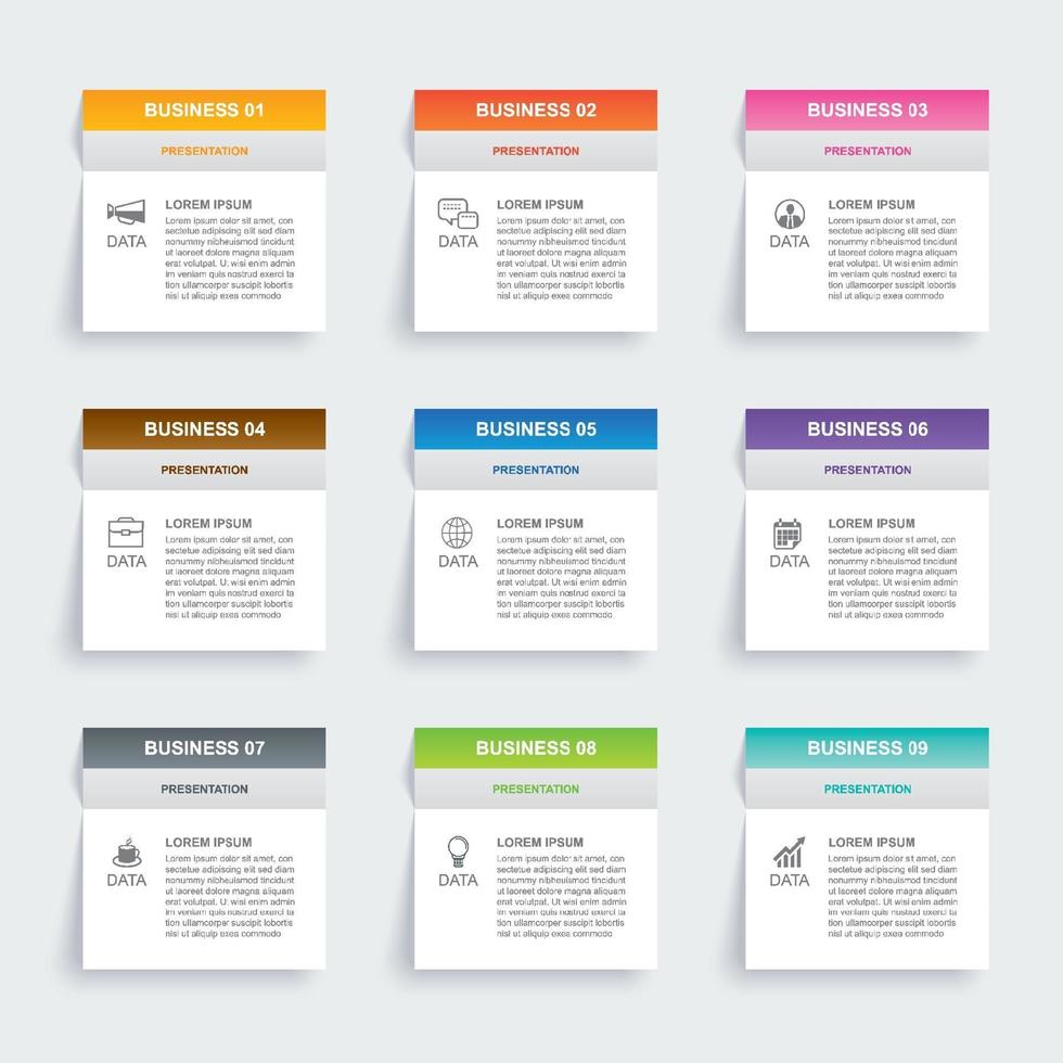 Infographics rectangle paper index with 9 data template. Vector illustration abstract background. Can be used for workflow layout, business step, banner, web design.