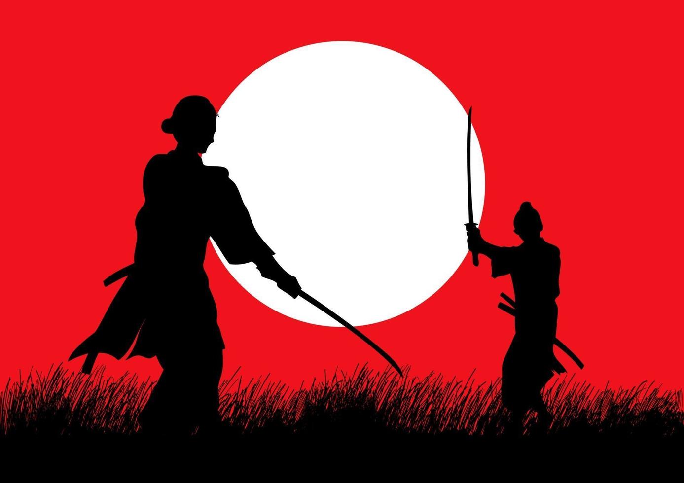 Two Samurai in duel stance facing each other on grass field vector