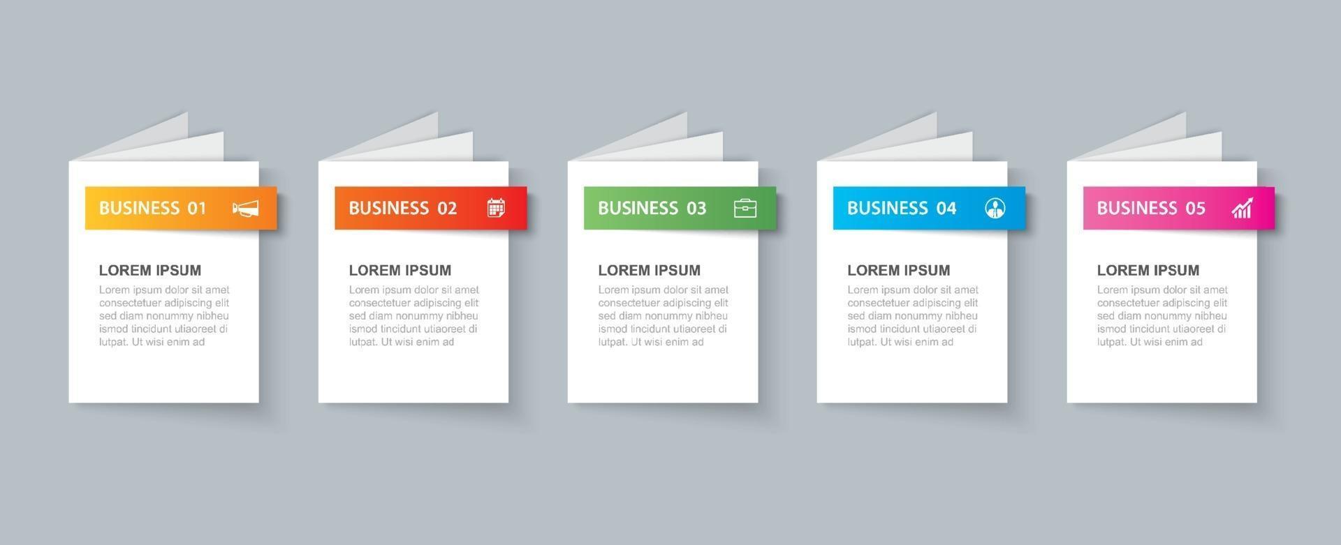 Plantilla de libro de infografías de negocios con 5 datos. se puede utilizar para diseño de flujo de trabajo, diagrama, opciones numéricas, diseño web, presentaciones vector