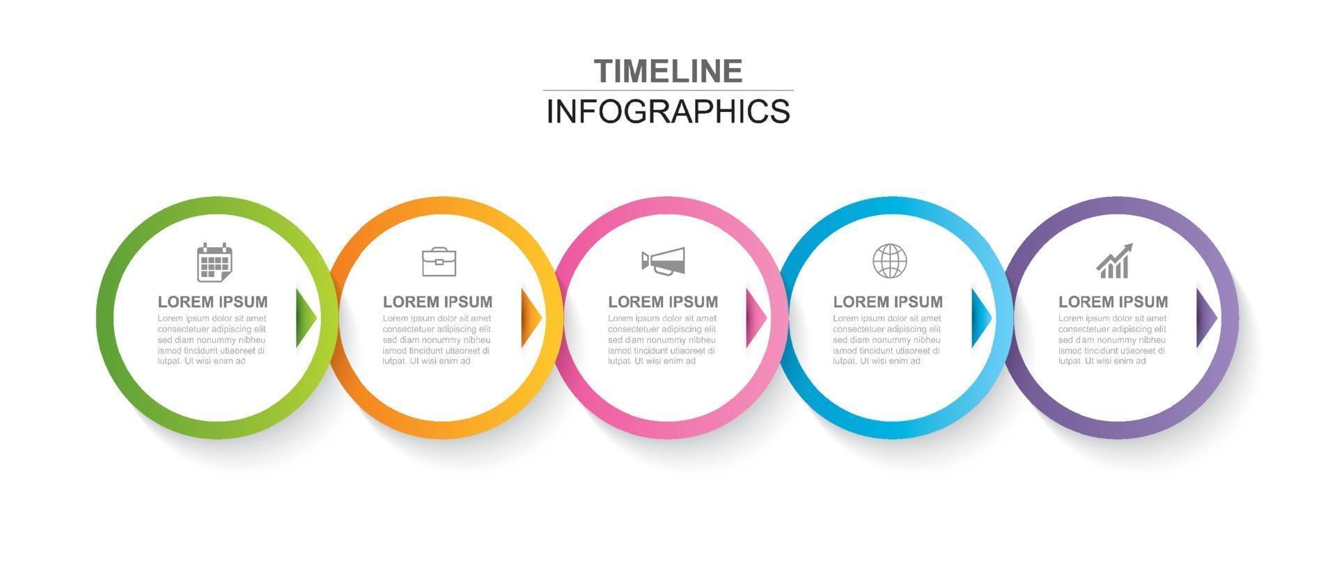 Infografía de 5 círculos con plantilla de línea de tiempo abstracta. paso de presentación fondo moderno de negocios. vector