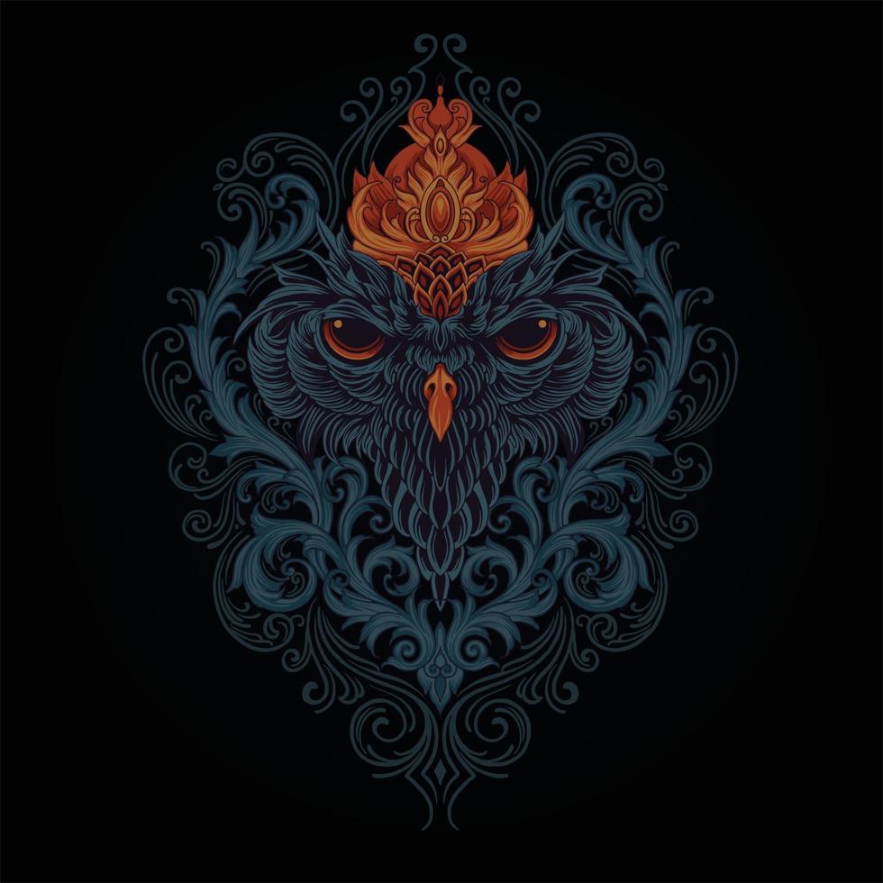 Head King Owl Mystical With Ornaments Illustration vector