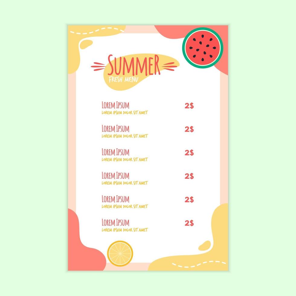 plantilla de menú de verano fresco con sandía y fruta naranja vector