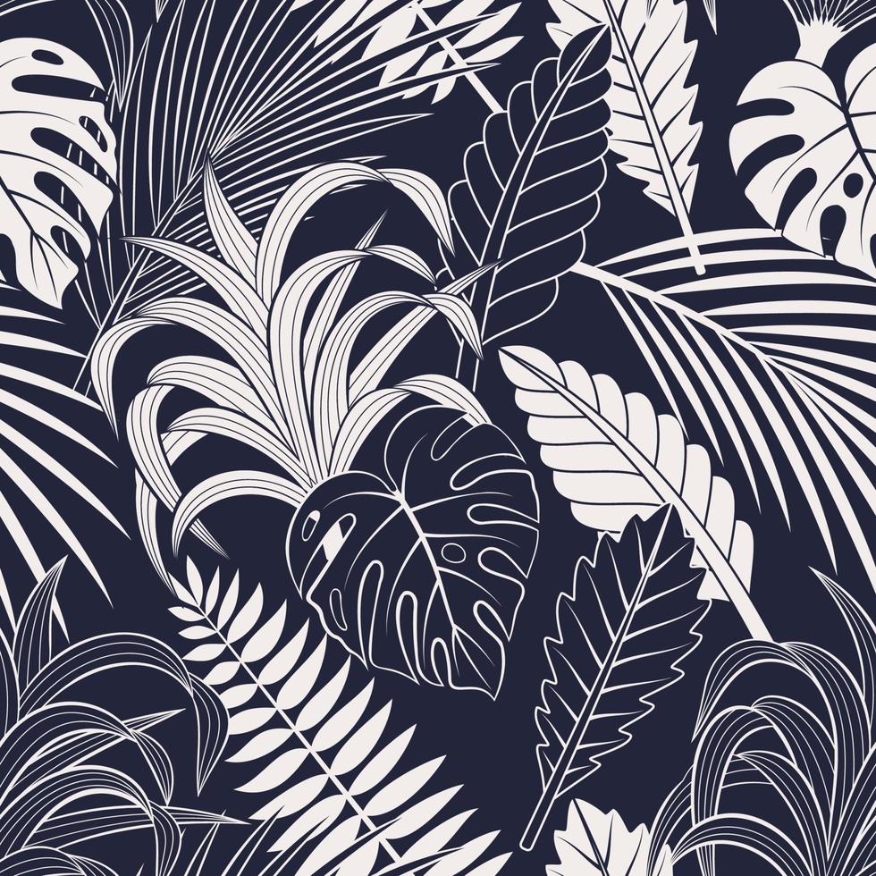 patrón transparente con hojas tropicales. elegante fondo exótico azul oscuro y blanco. vector