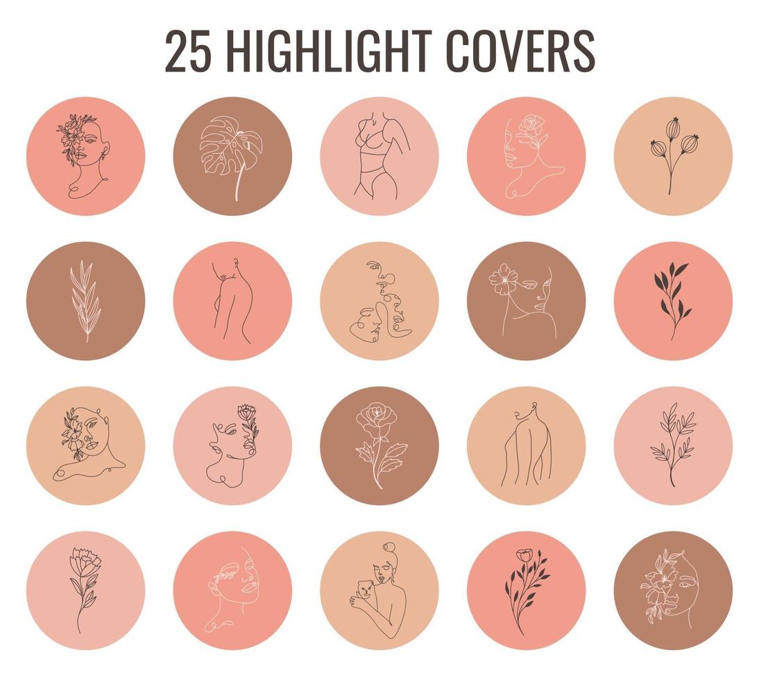 Set of pastel colors vector highlight covers. Abstract backgrounds, shapes, lines, spots, dots, doodle objects with linear flowers and woman face. Round icons for social media stories.