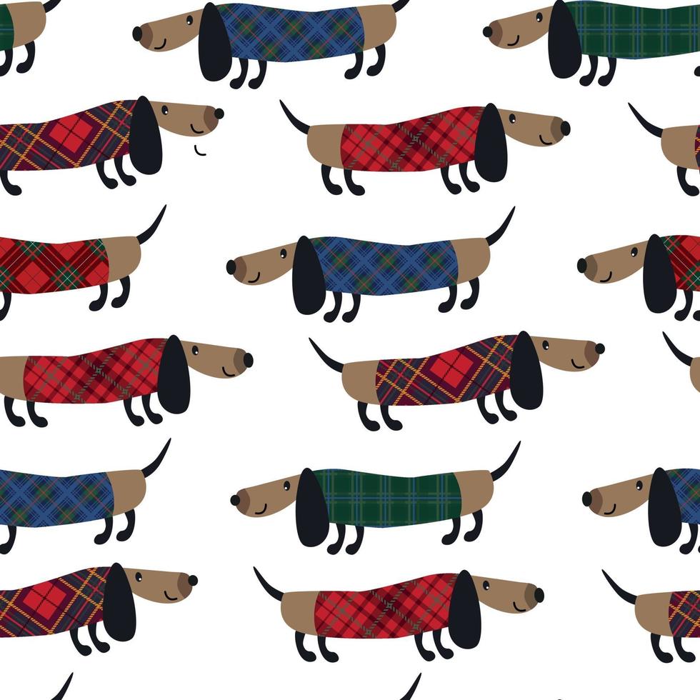 patrón sin fisuras con perros salchicha sobre fondo a cuadros. ilustración vectorial vector