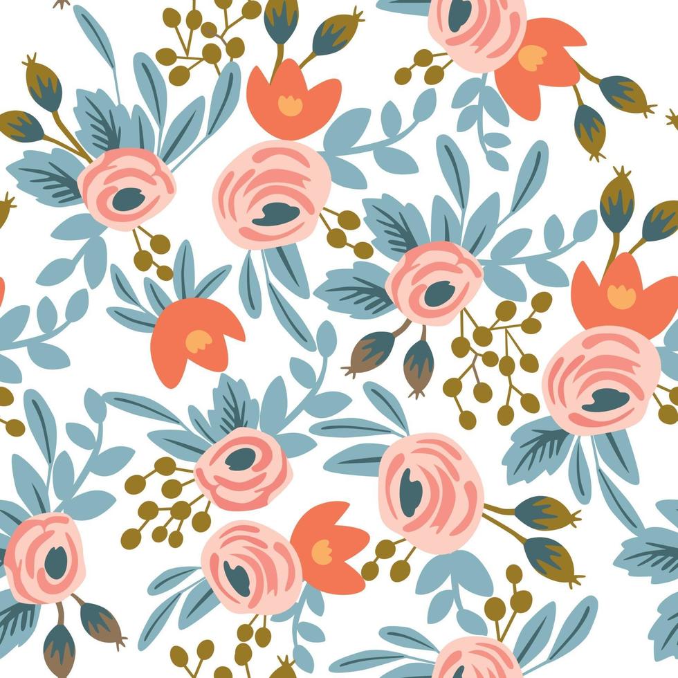 Seamless floral pattern with roses and leaves on white background. Vector illustration.