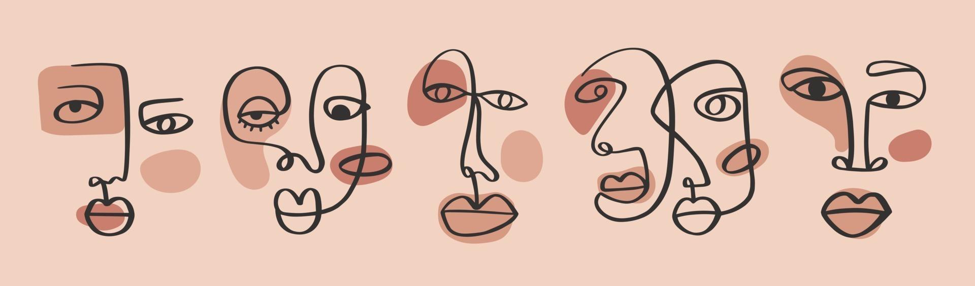 Abstract one line continuous drawing faces. Minimalism art, aesthetic contour. Continuous line couple tribal portrait. Modern vector illustration in the ethnic style with nude background