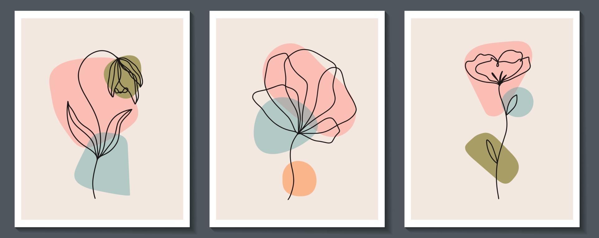 Set of flowers continuous Line art . Abstract Contemporary collage of geometric shapes in a modern trendy style. Vector for Beauty Concept, t-Shirt Print, postcard, poster