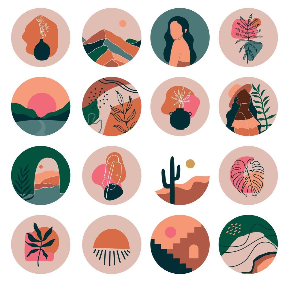 destaca la portada, las publicaciones y las historias para las redes sociales. iconos contemporáneos de belleza boho. formas dibujadas a mano estilo doodle vector