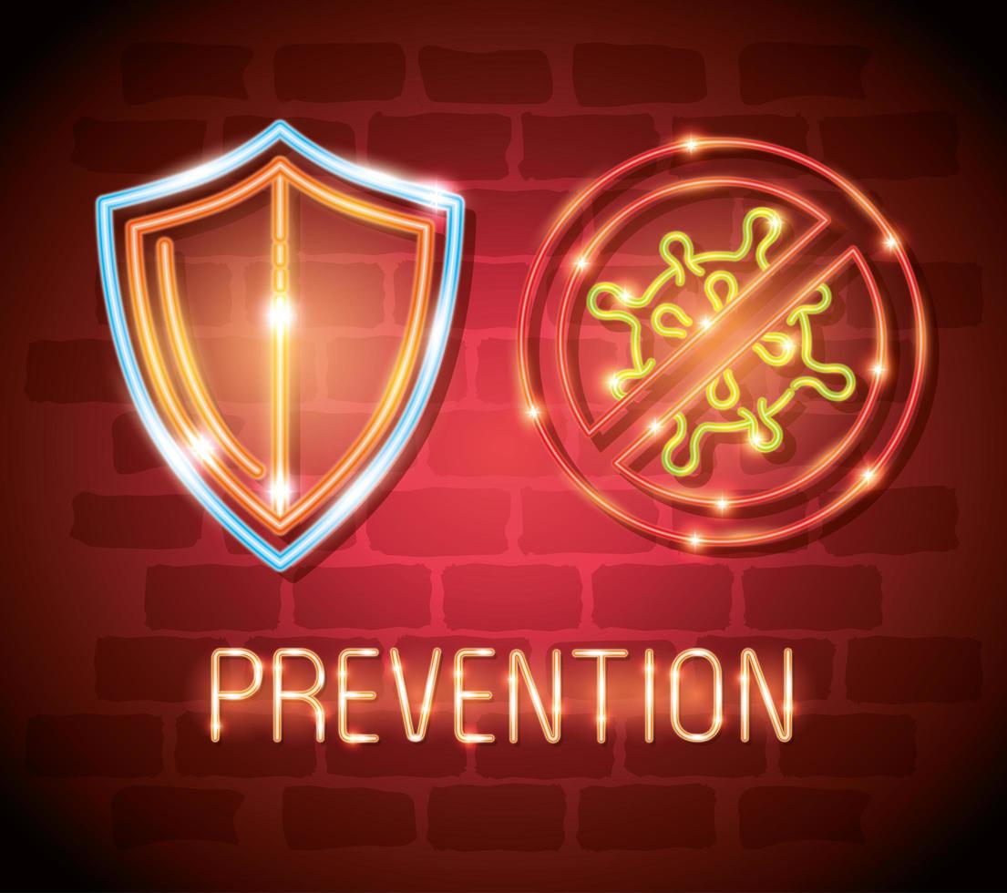 Neon light coronavirus with prevention icons vector