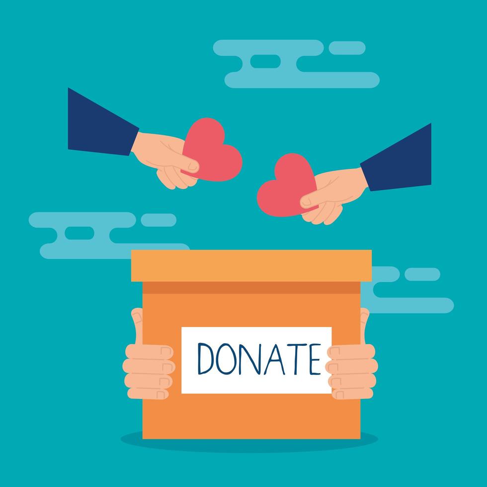 charity and donation box with hands and hearts vector