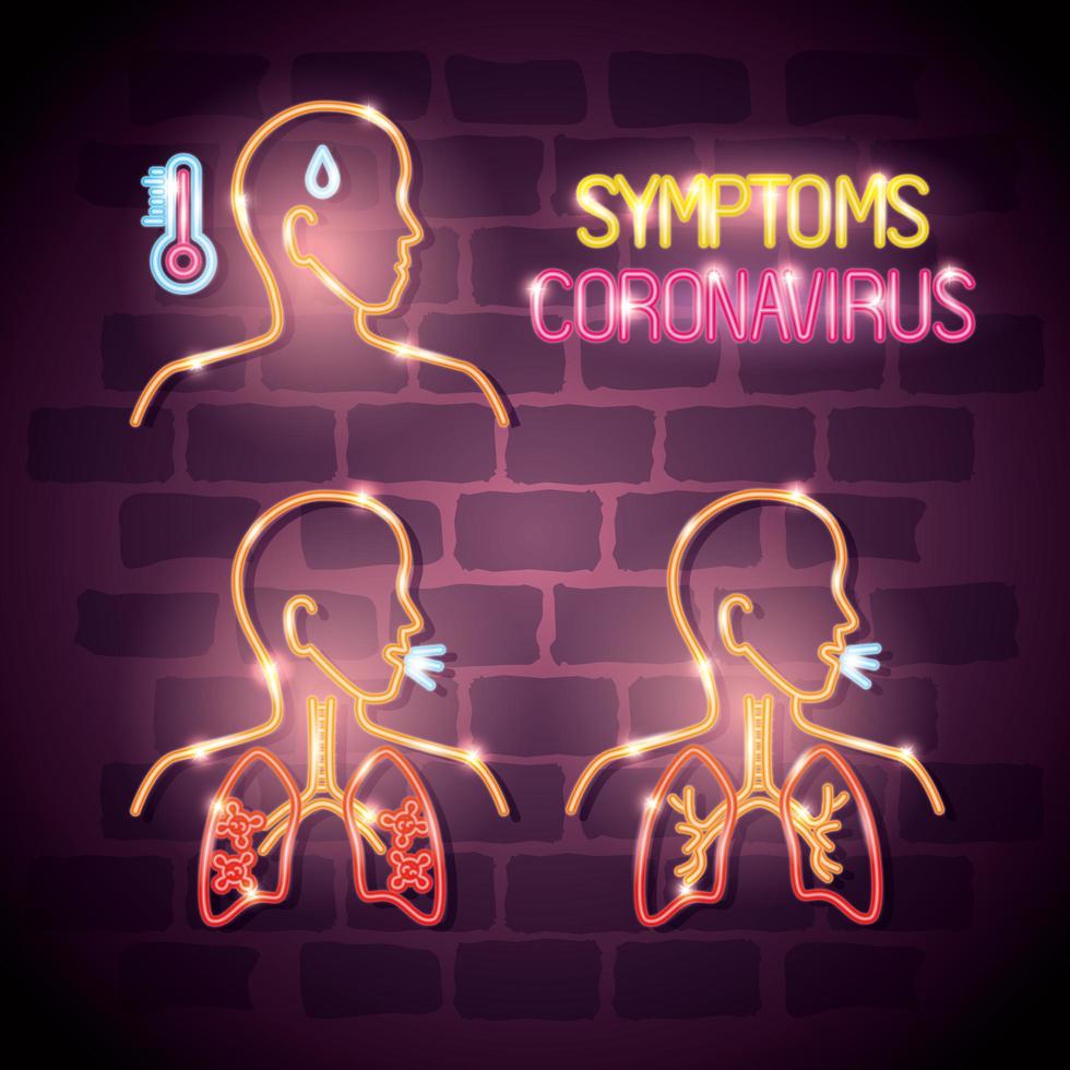 cuerpos con síntomas de coronavirus luz de neón vector