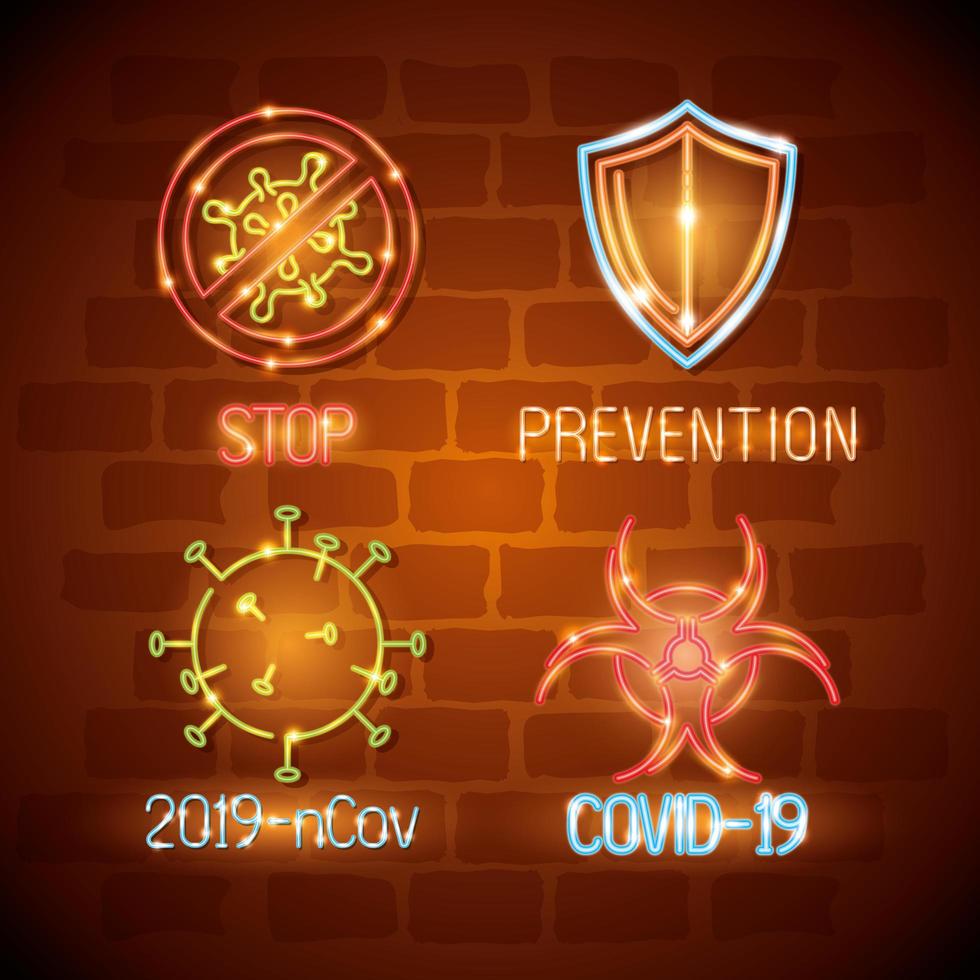 Neon light coronavirus icon set vector