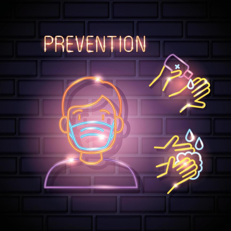 coronavirus de luz de neón con iconos de prevención vector