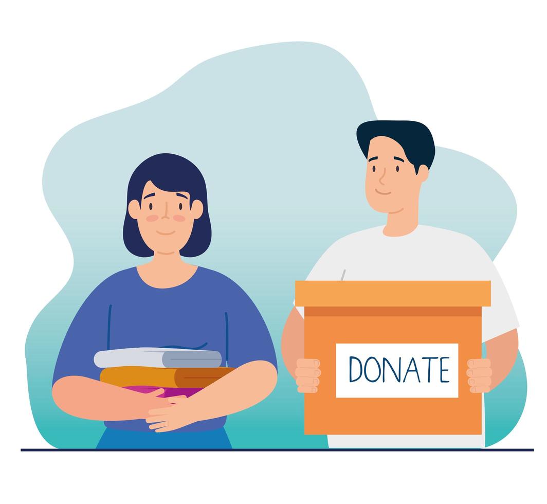 pareja con caja para caridad y donación vector