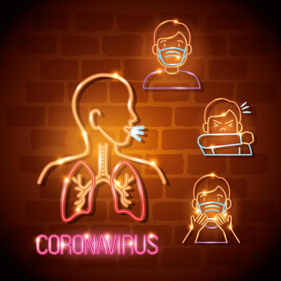 Neon light coronavirus icon set vector