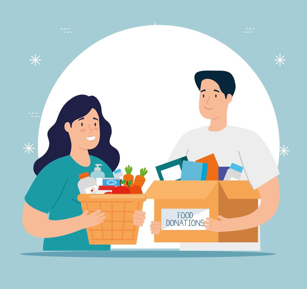 pareja con cajas para caridad y donación. vector