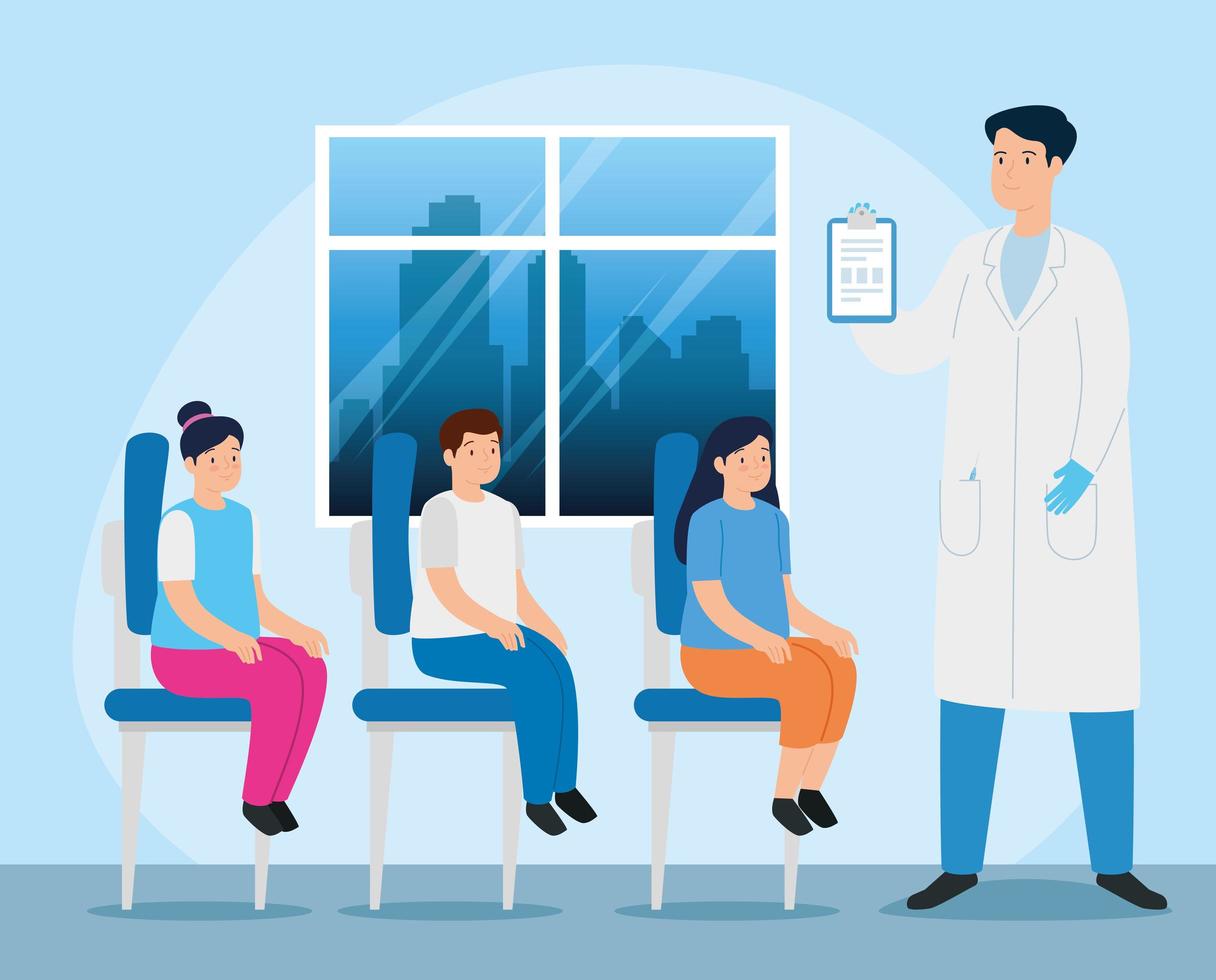 doctor with children in the consulting room vector