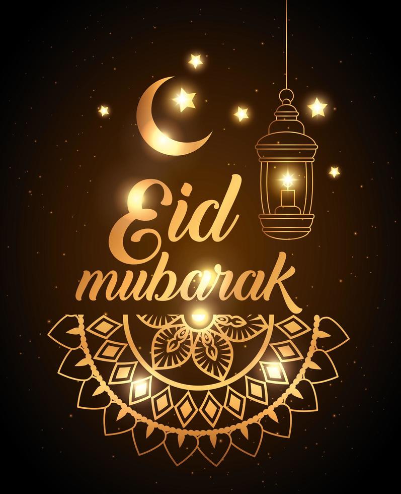 eid mubarak poster with lantern and moon decoration vector