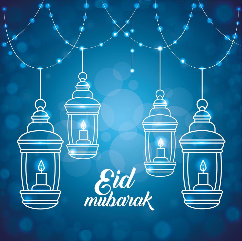 cartel de eid mubarak con linternas colgando y decoración. vector