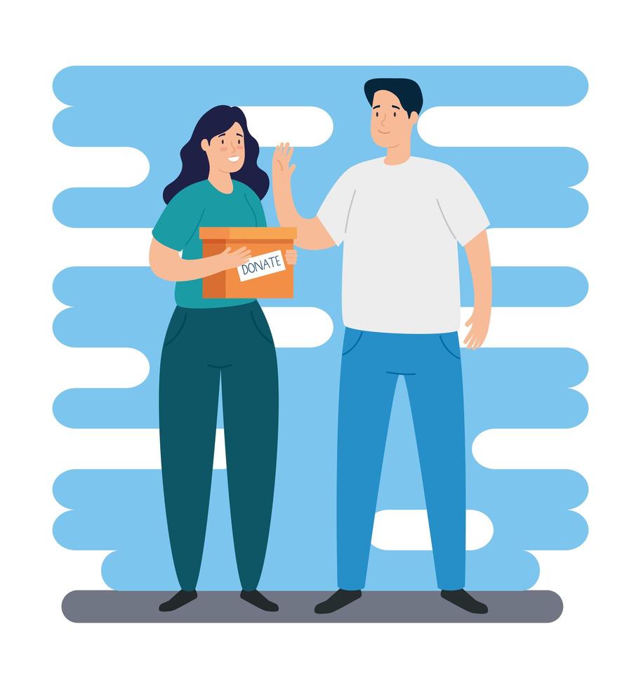 young couple with box for charity and donation vector