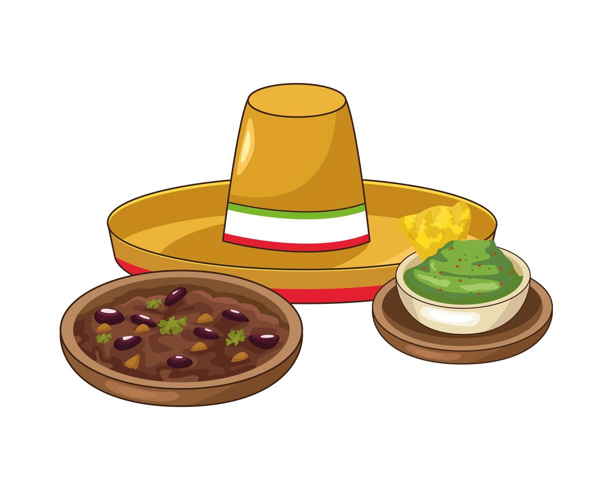 nachos con guacamole y sombrero mexicano vector