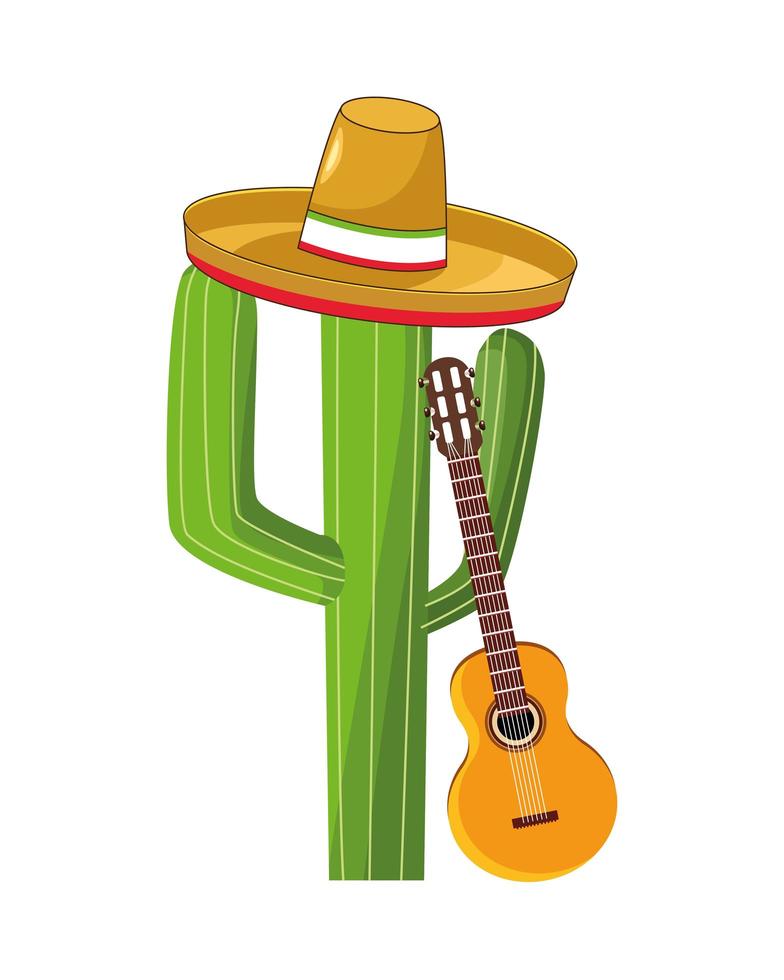 cactus mexican plant with guitar and hat vector