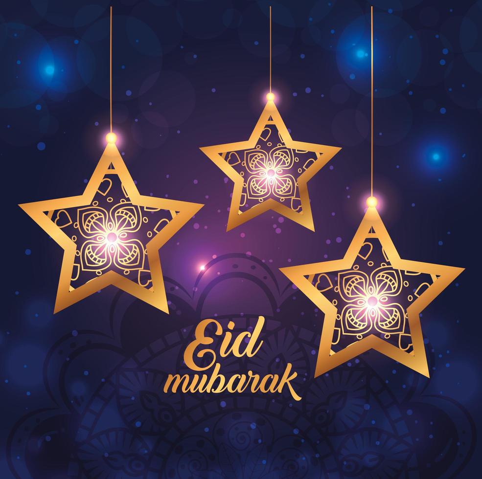 cartel de eid mubarak con estrellas colgando y decoración. vector