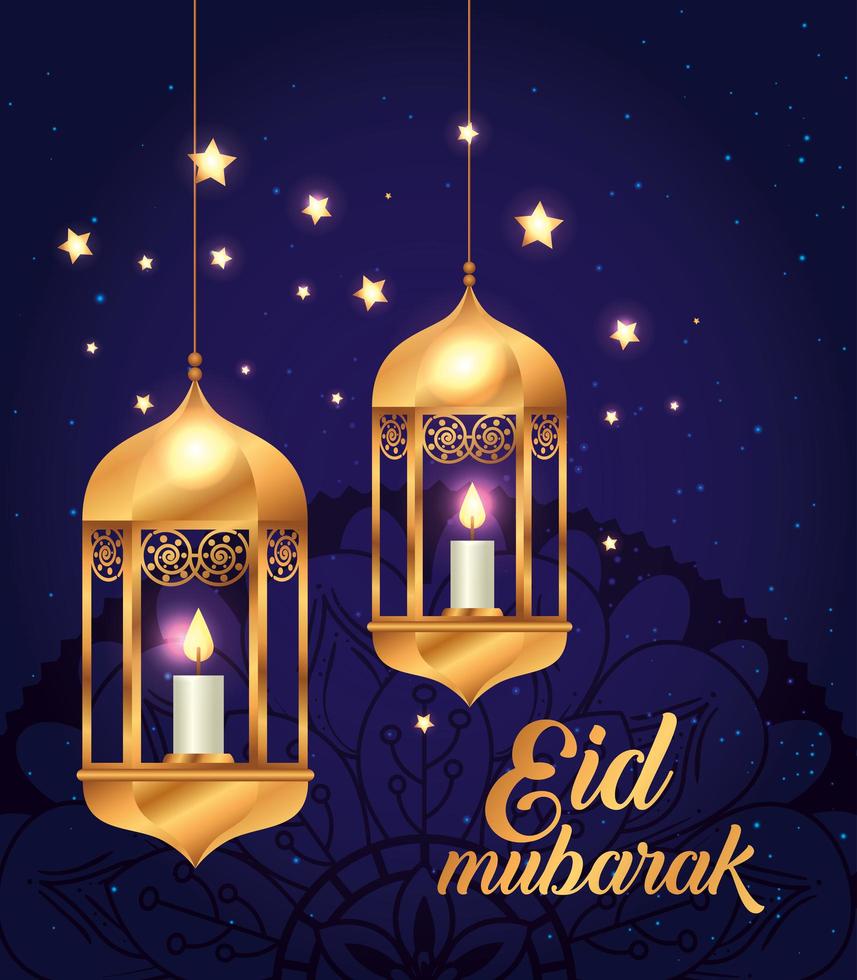 cartel de eid mubarak con linternas colgando y decoración. vector