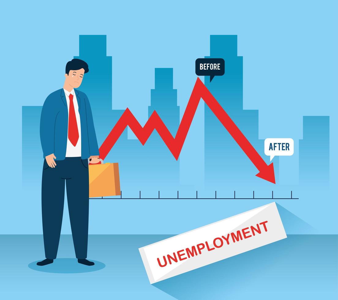 Sad, unemployed businessman infographic vector