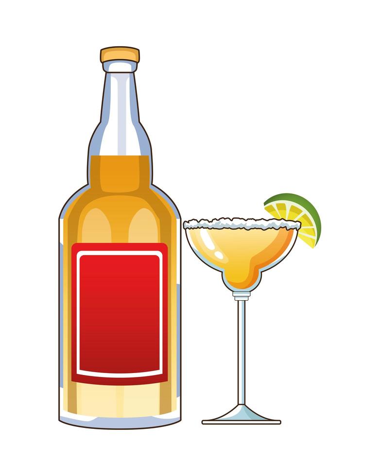 tequila bottle and cocktail cup mexican drink vector