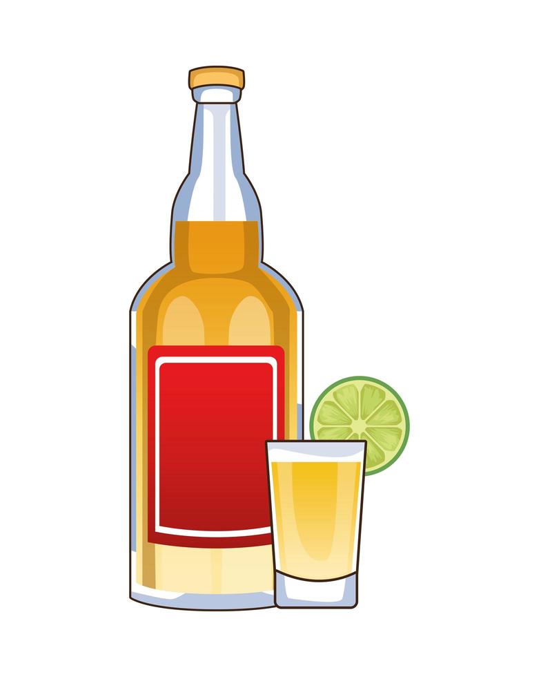 tequila bottle and cocktail cup mexican drink vector