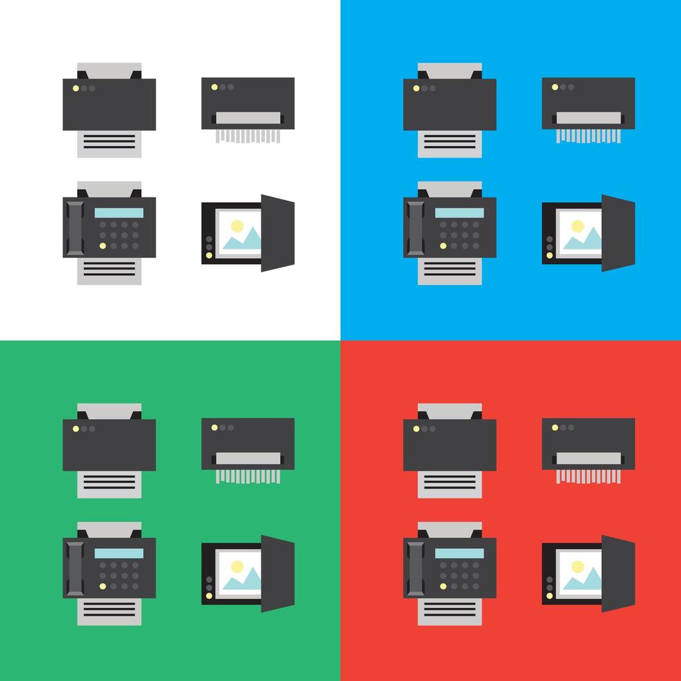 imprimir, escanear, enviar por fax y trituradora iconos o ilustraciones planas vector