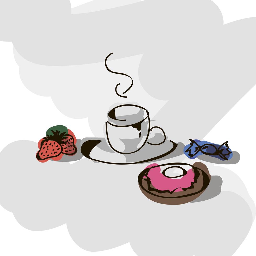 Breakfast - tea, strawbwerry, candy, donut vector