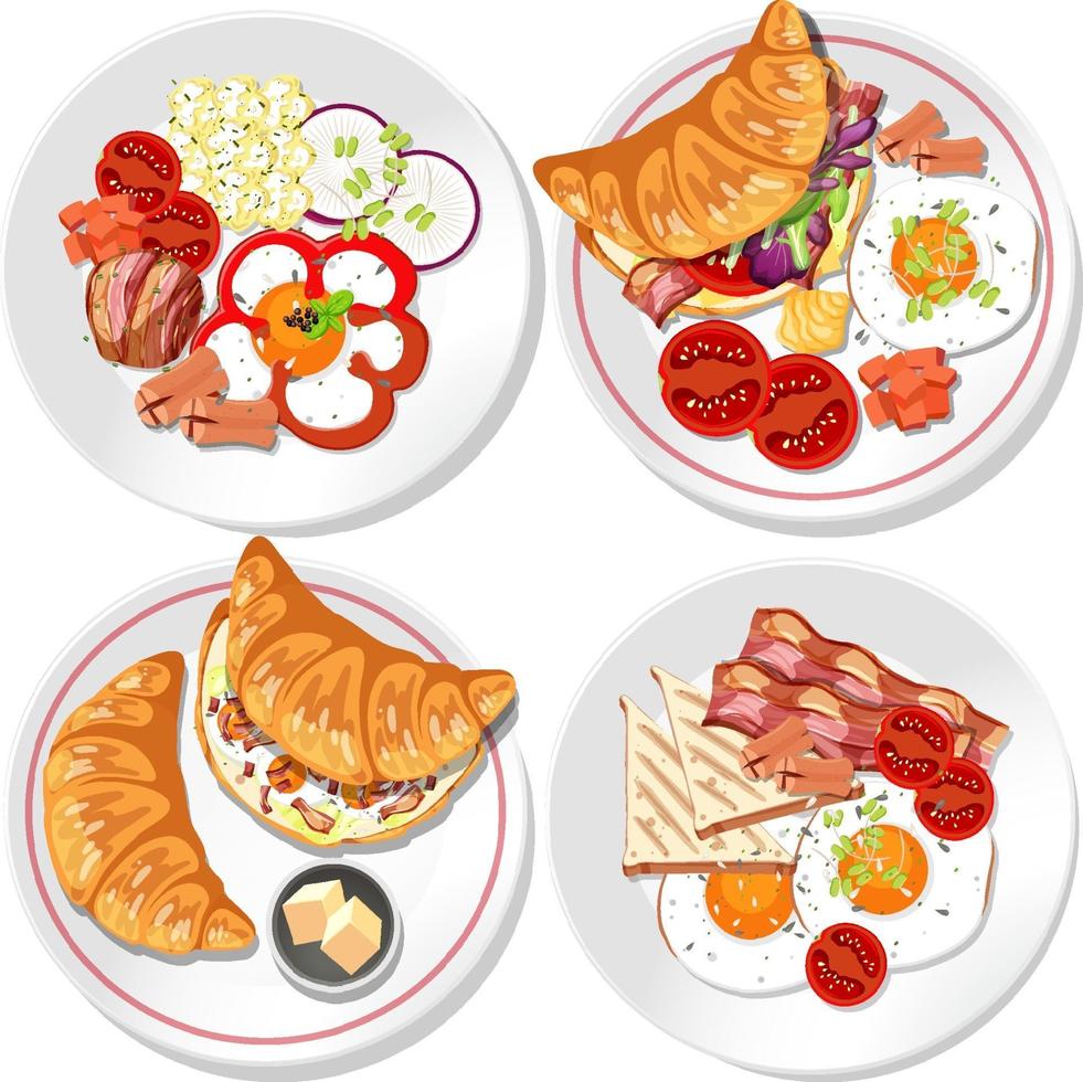 Conjunto de plato de desayuno diferente aislado vector