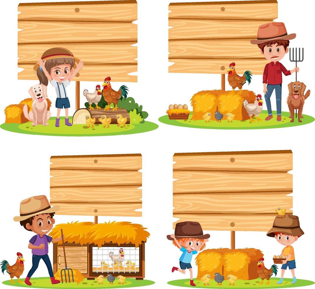 Conjunto de diferentes banners vacíos con granjero y animales sobre fondo blanco. vector