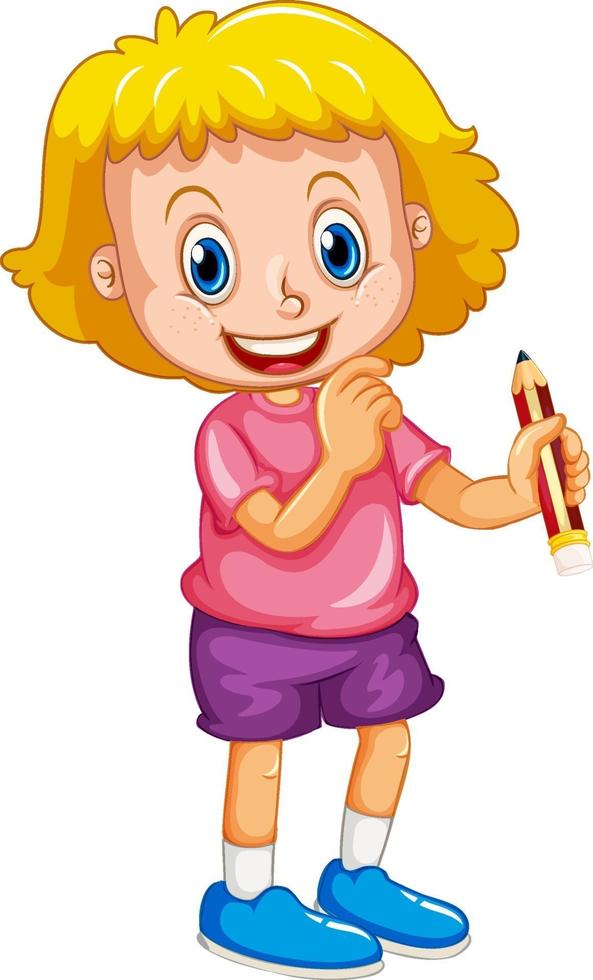 Una niña sosteniendo un personaje de dibujos animados de lápiz aislado sobre fondo blanco. vector