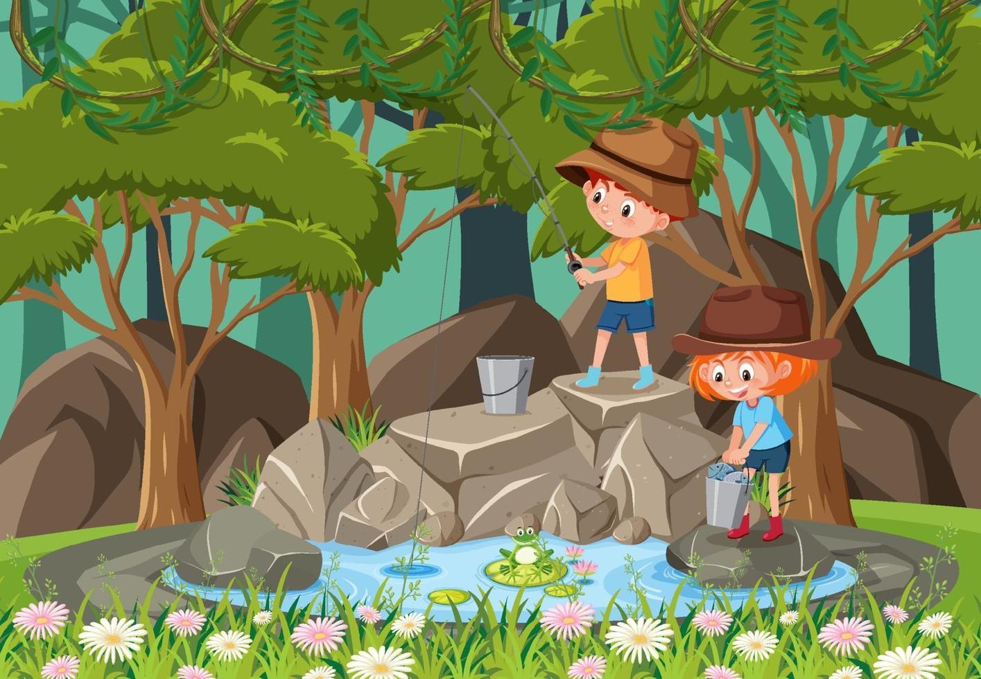 Happy kids at the waterfall vector