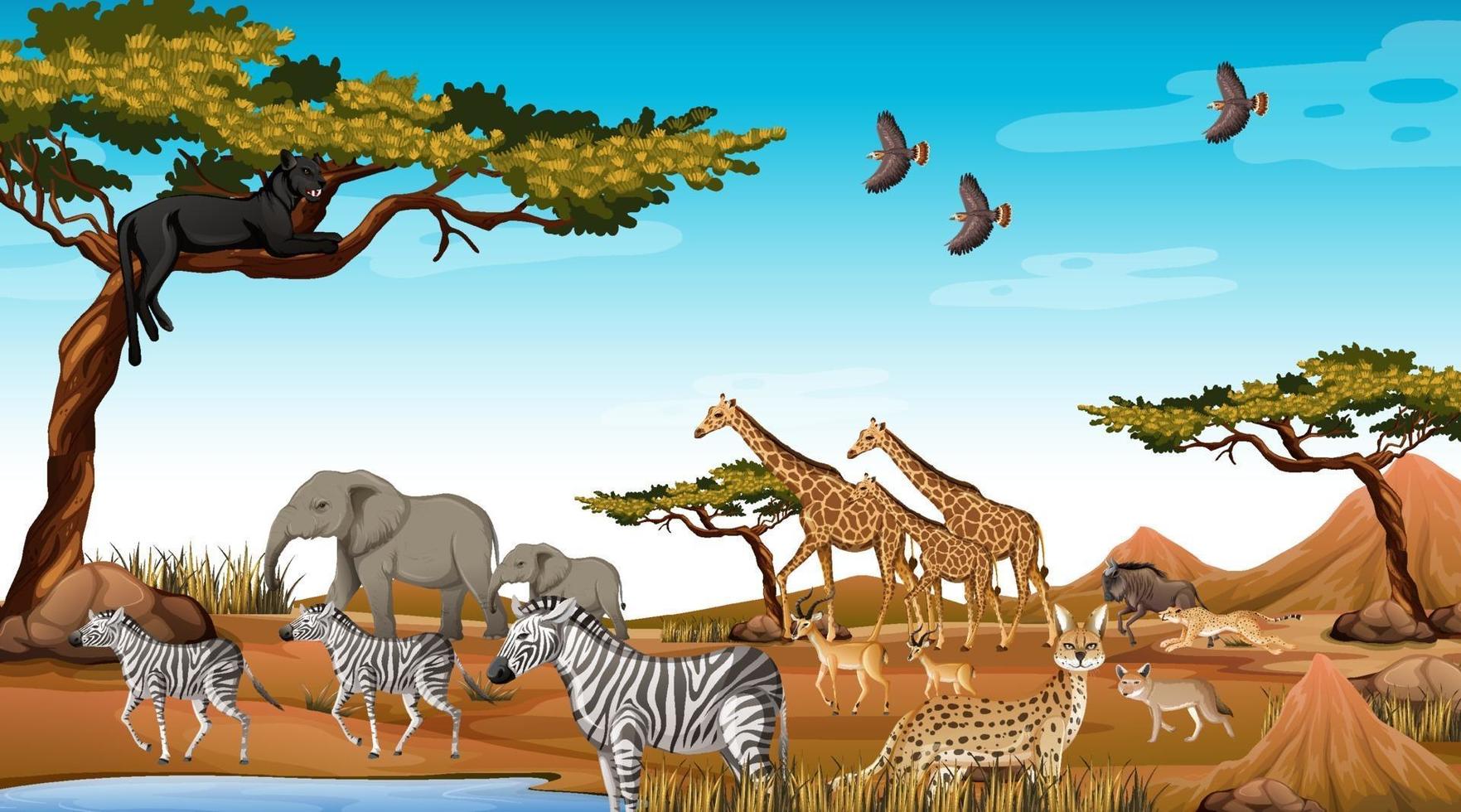 Grupo de animales salvajes africanos en la escena del bosque vector