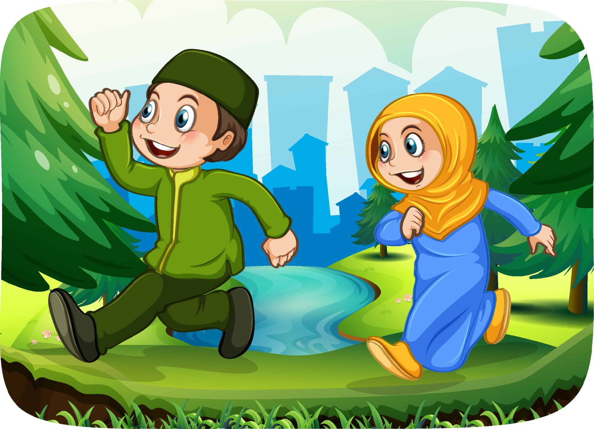 Muslim sister and brother cartoon character 1998850 Vector Art at Vecteezy