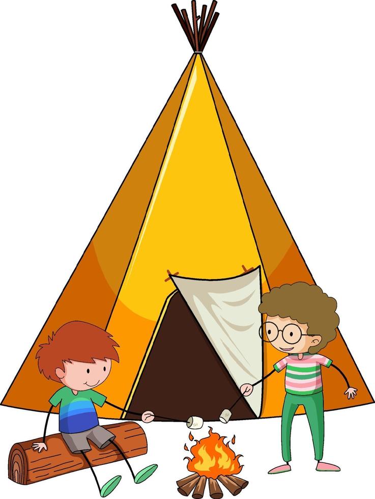 Camping tent with doodle kids cartoon character isolated vector