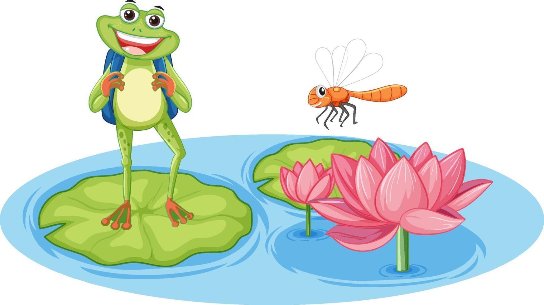 A frog with dragonfly on lotus leaf with pink lotus in water vector