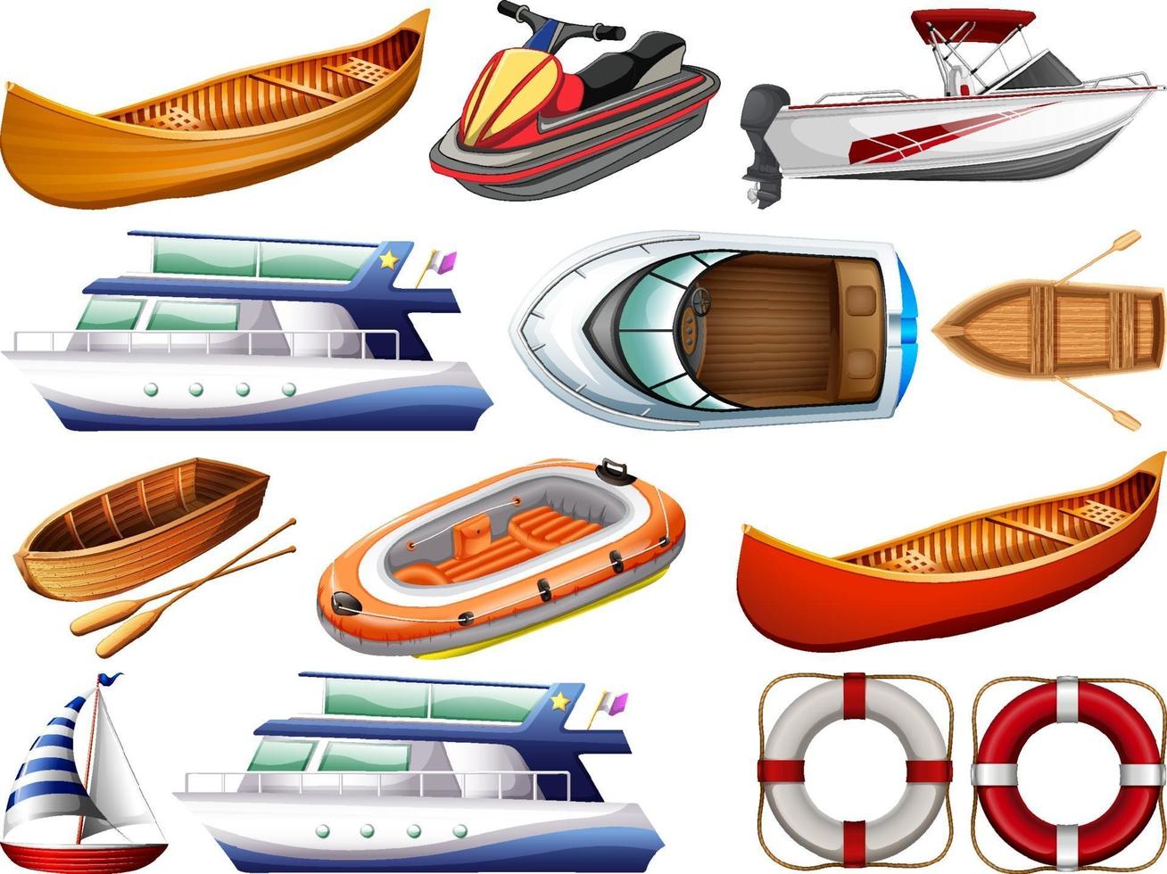 Conjunto de diferentes tipos de barcos y barcos aislado sobre fondo blanco. vector