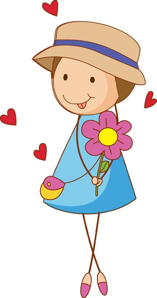 A doodle kid holding flower cartoon character isolated vector