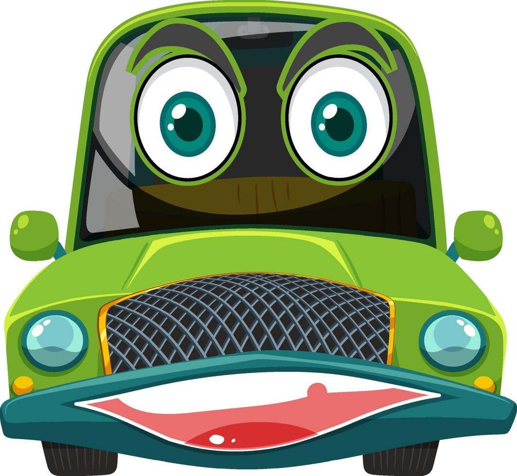 Personaje de dibujos animados de coches de época verde con expresión facial sobre fondo blanco vector