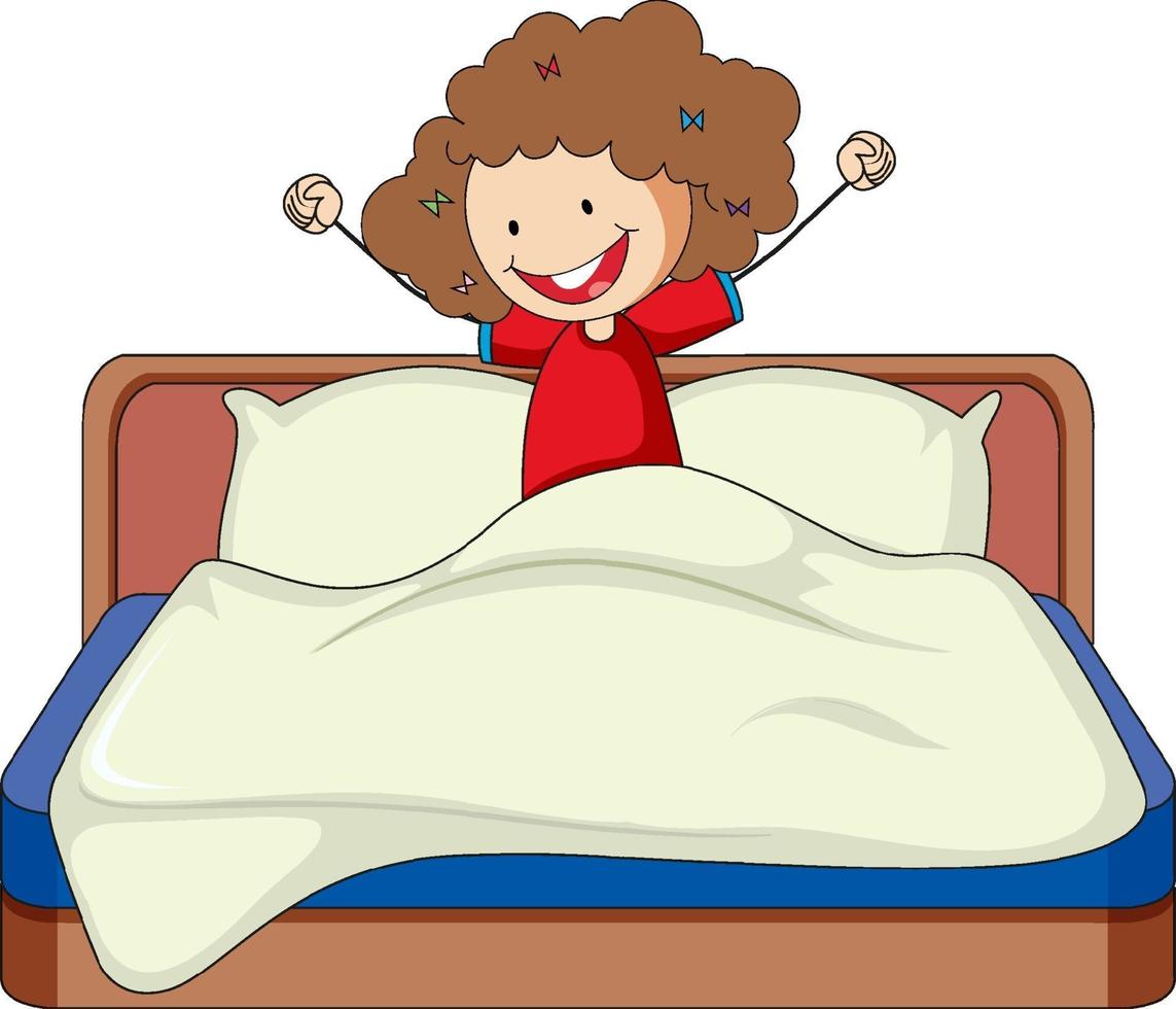 niña acaba de despertar en la cama doodle personaje de dibujos animados vector