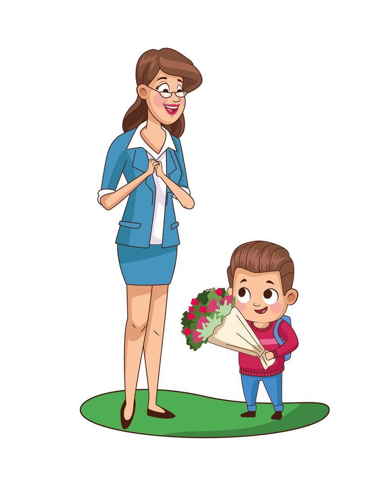 cute little boy with teacher giving flowers vector