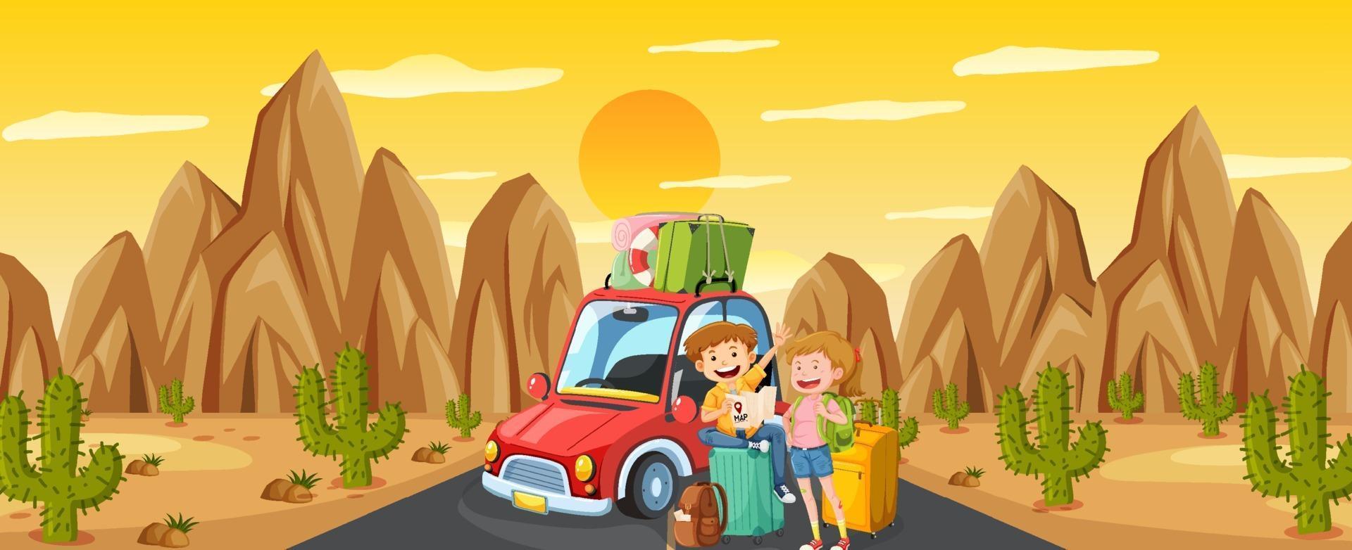 Outdoor scene with a couple travelling in desert scene vector